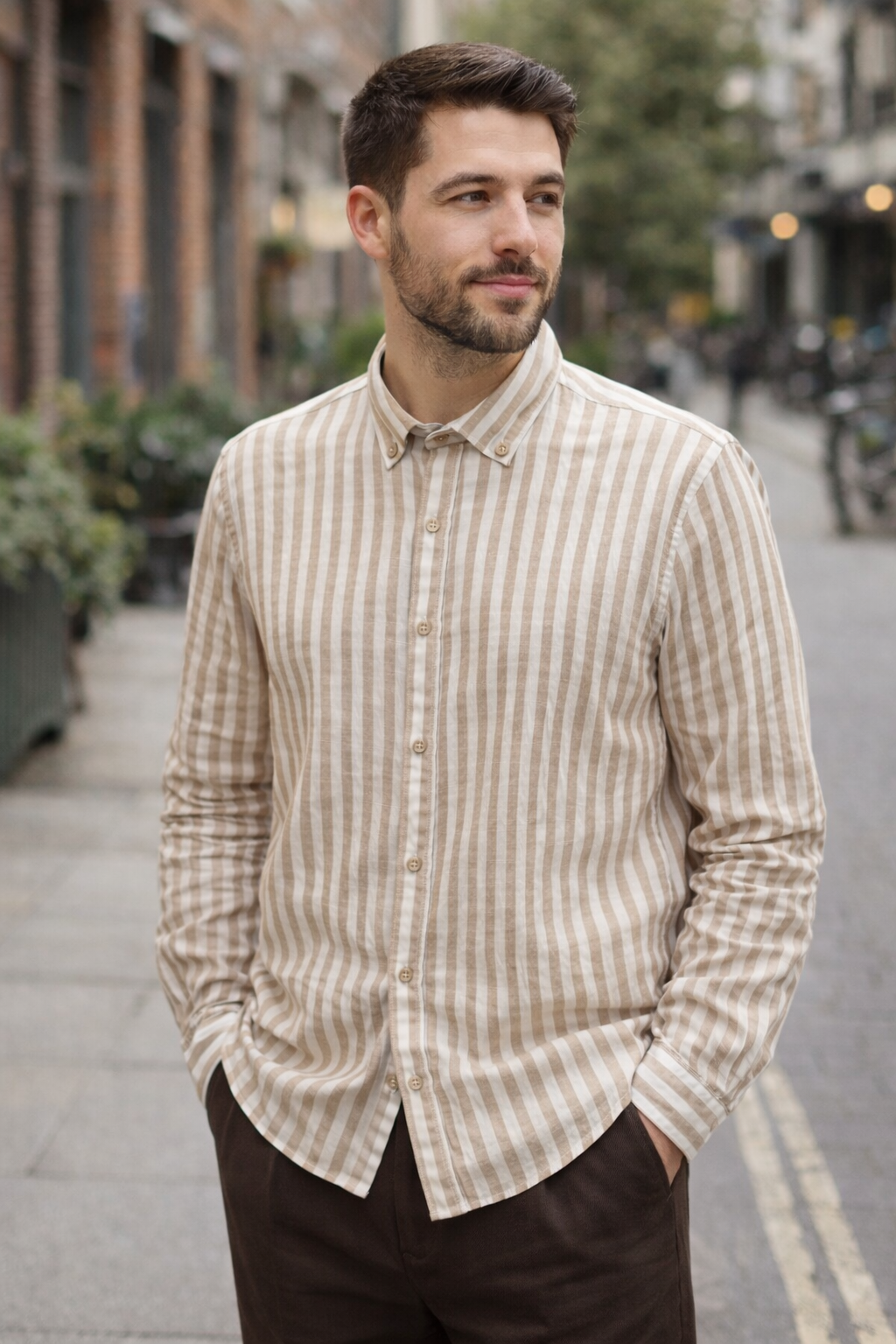 Camisa Oxford Rayas Beige. Semi lino